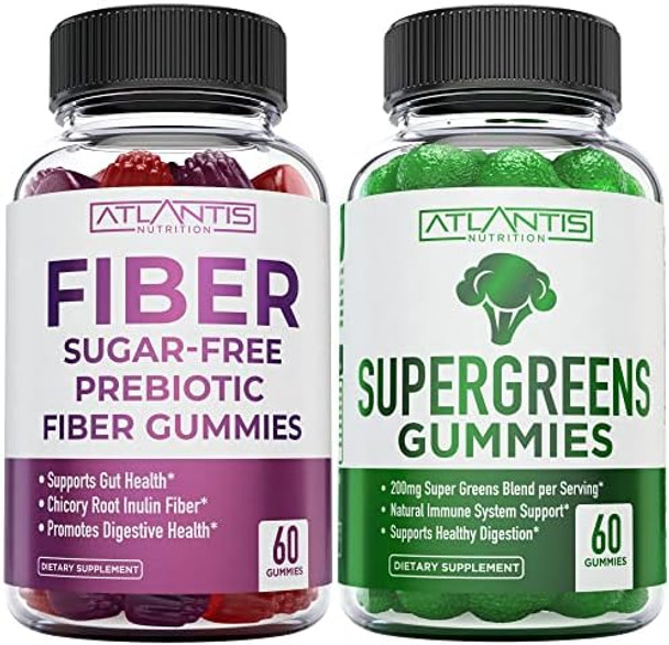 Atlantis Nutrition Sugar  Prebiotic Fiber Gummies For Adults 2-Pack (120 Gummies) + Supergreens 60 Gummies