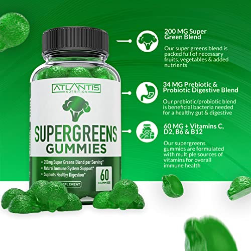 Supergreen & Magnesium Gummies - Magnesium Helps Muscles Recover, Delicious Supergreens With Spinach, Broccoli, Beetroot, Green Tea, & Acai For Immunity Support- 60 Gummies