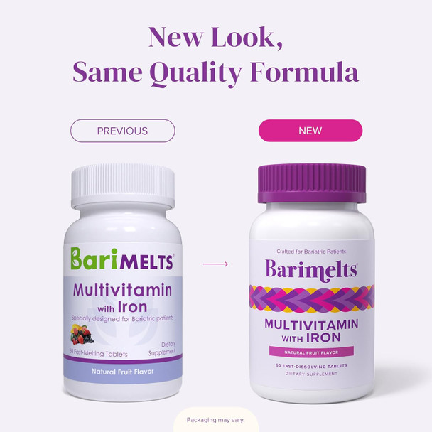 Barimelts Bariatric Multivitamin With Iron, 60 Fast-Dissolving Tablets (1-Month Supply), Sugar- Bariatric Vitamins For Women, Natural Fruit Flavor​
