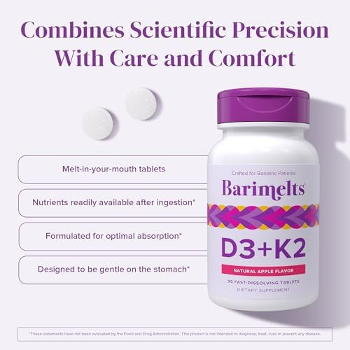 Barimelts Vitamin D3 + K2-90 Fast-Dissolving Tablets (3-Month Supply) - Bariatric Vitamins For Women With Vitamin D3 5000 Iu And K2 As Mk-7, Natural Apple Flavor​