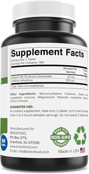Brieofood Caffeine Pills 200Mg 360 Tablets - 360 Servings - Non-Gmo & Gluten