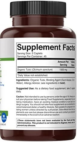 Brieofood Organic Tulsi (Holy Basil) 1500Mg, 45 Servings, Vegetarian, Gluten , 90 Vegetarian Tablets