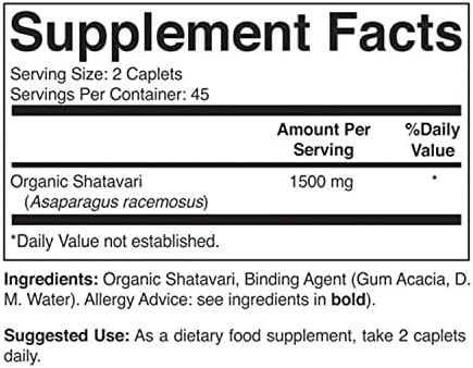 Brieofood Organic Shatavari 1500Mg, 45 Servings, Vegetarian, Gluten , 90 Vegetarian Tablets