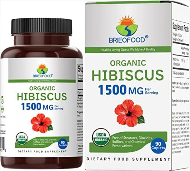 Brieofood Organic Hibiscus 1500Mg, 45 Servings, Vegetarian, Gluten , 90 Vegetarian Tablets
