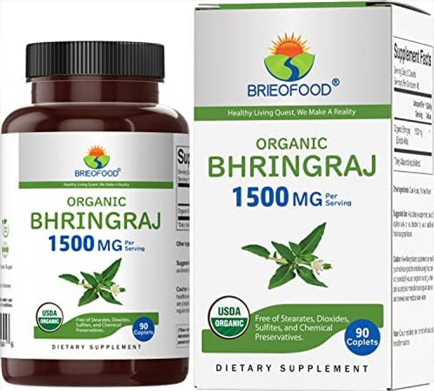 Brieofood Organic Bhringraj 1500Mg, 45 Servings, Vegetarian, Gluten , 90 Vegetarian Tablets