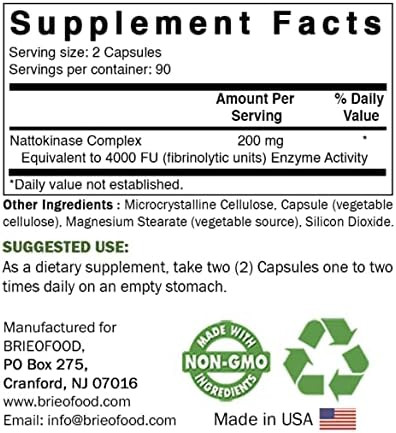 Brieofood Nattokinase 4000 Fu (Fibrinolytic Unit) Per Serving - 180 Capsules - Circulatory Health Support