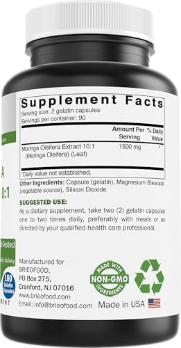 Brieofood Moringa Oleifera Extract 10:1 1500 Mg - 180 Capsules - Non-Gmo And Gluten  Supplement - Moringa Leaf Green Superfood