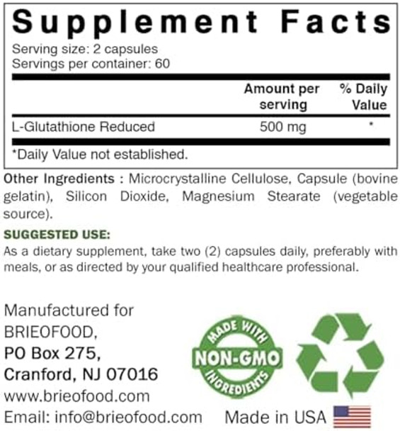Brieofood Glutathione (Reduced) 500Mg Per Serving - 120 Capsules - Immune Support Supplement - Collagen & Antioxidant Support
