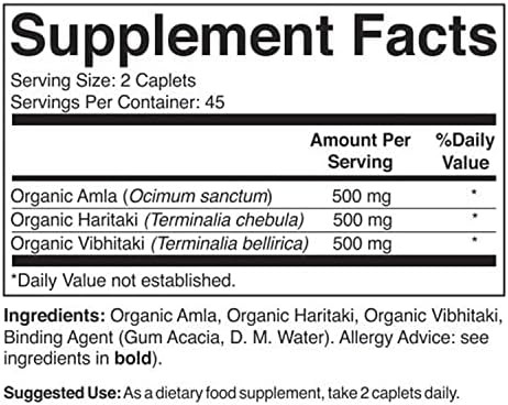 Brieofood Organic Triphala 1500Mg, 45 Servings, Vegetarian, Gluten , 90 Vegetarian Tablets