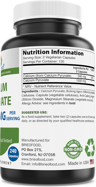 Brieofood Calcium Pyruvate 1500Mg Per Serving - 240 Vegetarian Capsules Brieofood Calcium Pyruvate 1500Mg Per Serving - 240 Vegetarian Capsules