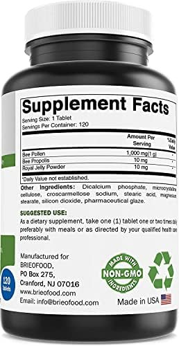 Brieofood Bee Pollen Complex 1000 Mg 120 Tablets - Made With Bee Pollen, Bee Propolis, & Royal Jelly Powder