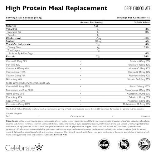Celebrate Vitamins High Protein Meal Replacement Shake, 27 G Protein Powder, 6 G Of Fiber, For Post-Bariatric Surgery Patients, Deep Chocolate, 15 Servings