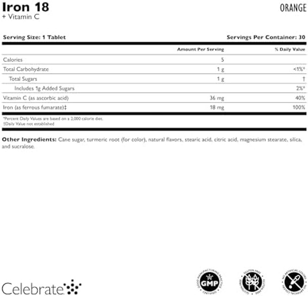 Celebrate Iron+C 18Mg Chewable Tangerine, 30 Count