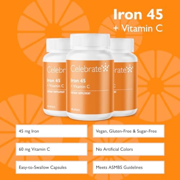 Celebrate Vitamins Iron Supplement With Vitamin C - 45Mg Iron, 60Mg Vitamin C, Bariatric Vitamins For Wls Patients, Vertical Sleeve & Gastric Bypass Surgery (90 Capsules)