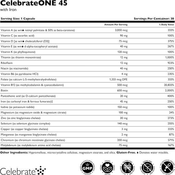 Celebrate Vitamins Celebrateone 45, 45Mg Iron - Once Daily Bariatric Multivitamin, Essential Vitamins & Minerals - Gastric Bypass & Sleeve Gastrectomy Supplement (90 Capsules)