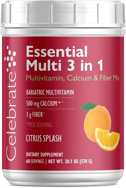 Celebrate Vitamins 3-In-1 Bariatric Multivitamin With Calcium Citrate Drink Mix - 500Mg Calcium, Gluten , Sugar  - Powder Blend For Post Bariatric Surgery - Rasp Lemonade (60 Servings)
