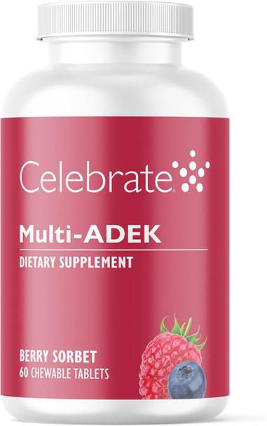 Celebrate Vitamins Multi Adek Chewables, Iron  - Daily Bariatric Multivitamin, High Level Of Vitamins A, D, E, K & B12 For Duodenal Switch Surgery Patients - Berry Sorbert (60 Tablets)