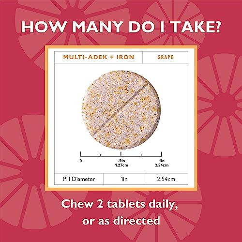 Celebrate Vitamins Multi Adek Chewables, 60Mg Iron - Daily Bariatric Multivitamin, Vitamins A, D, E, K & B12 For Duodenal Switch Surgery Patients - Grape (60 Tablets)