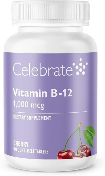 Celebrate Vitamins Vitamin B-12 Quick Melt Tablets, Cherry, 1000 Mcg With Folic Acid, 90 Count