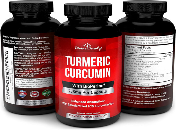 Divine Bounty Turmeric Curcumin With Bioperine Black Pepper Extract - 755Mg Per Capsule, 120 Veg. Capsules - Gmo  Tumeric, Standardized To 95% Curcuminoids For Maximum Potency