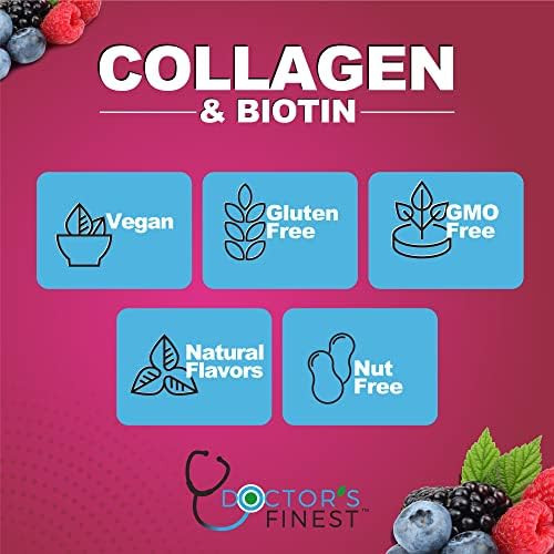 Doctors Finest Collagen And Biotin 10000Mcg Gummies, Vegan, Gmo-, Gluten , Natural Raspberry Flavor Gummy Vitamins, For Hair Growth, Hair Skin And Nails Dietary Supplement, 90 Gummies
