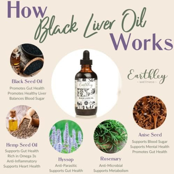 Earthley Wellness Black Liver Oil, Liver, Immune, And Gut Health Support, Helps Elimate Toxins And Supports Liver Health, Zero Flavors, Colors, Zero Added Sugars, Allergens (2Oz)