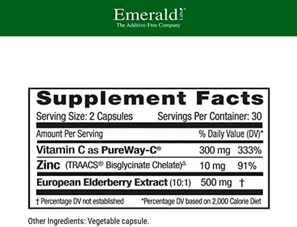 Emerald Labs Elderberry Plus - Digestive & Immune Support With European Elderberry Extract, Vitamin C As Pureway-C & Albion Chelated Zinc - Vegan & Gluten- - 60 Vegetable Capsules (30-Day Supply) Emerald Labs Elderberry Plus - Digestive & Immune Support With European Elderberry Extract, Vitamin C As Pureway-C & Albion Chelated Zinc - Vegan & Gluten- - 60 Vegetable Capsules (30-Day Supply)