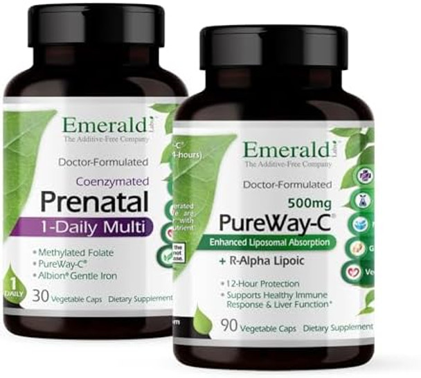 Emerald Labs Bundle With Prenatal 1-Daily Multi (60 Veg Caps) & Pureway-C (90 Veg Caps) - Prenatal Multivitamin With Methylated Folate, Iron & More - Vitamin C Supplement With R-Alpha Lipoic Acid