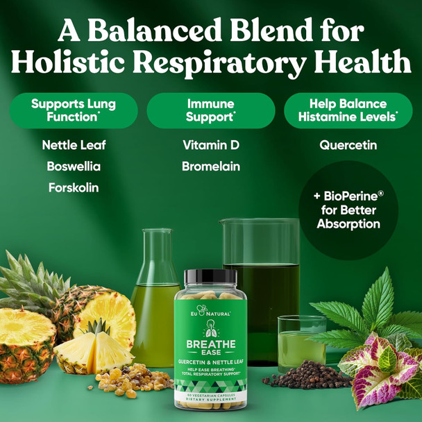 Eu Natural Breathe Inhaler Support Supplement – Sinus, Lungs, Open & Clear Airways – Seasonal Nasal Health, Bronchial Wellness, Healthy Chest – Quercetin, Vitamin D, Bromelain Pills – 60 Vegetarian Soft Capsules