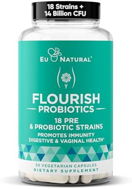 Eu Natural Flourish Probiotics + Prebiotics For Women – Gut And Digestion, Urinary Tract, Reduce Bloating, Vaginal Health – 18 Clinically Proven Strains, 14 Billion Cfu – 30 Shelf-Stable Mini Vegan Capsules