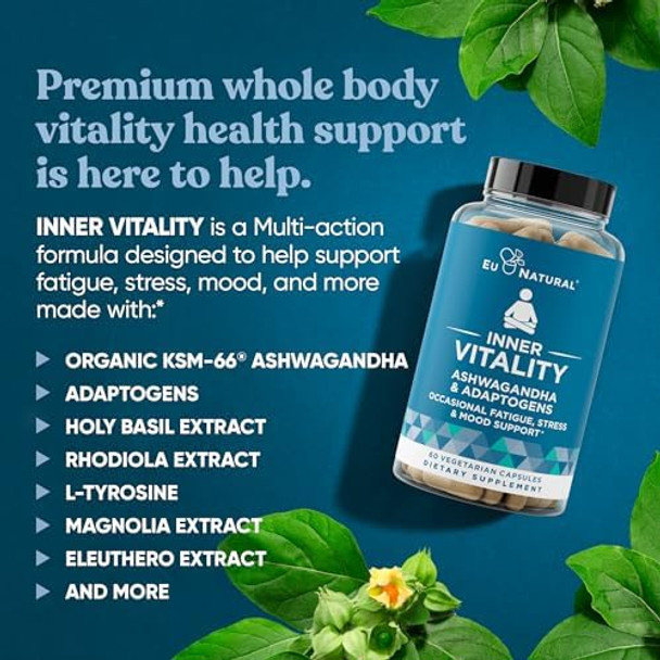 Eu Natural Vitality Cortisol Supplement – Fight Fatigue, Feel Calm & Balanced – Healthy Cortisol, Focused Energy, Adrenal Support – Ashwagandha Supplement With Rhodiola, L-Tyrosine, Holy Basil – 60 Veg Capsules