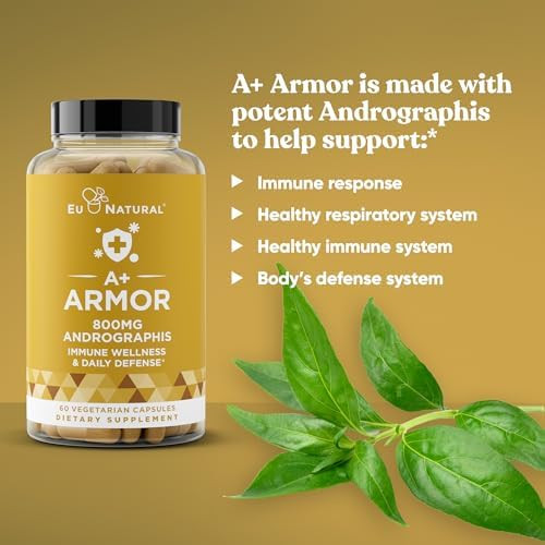Eu Natural A+ Armor Andrographis Pure 800 Mg – Healthy Immune System Function, Physical Wellness, Potent Strength For Seasonal Protection – Full-Spectrum & Standardized – 60 Vegan Soft Capsules