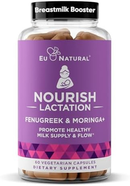 Eu Natural Nourish Lactation Supplement - Postpartum Support For Healthy Milk Flow & Production - Fenugreek Capsules For Women With Milk Thistle, Fennel Seed & Organic Moringa, 60 Vegan Soft Capsules