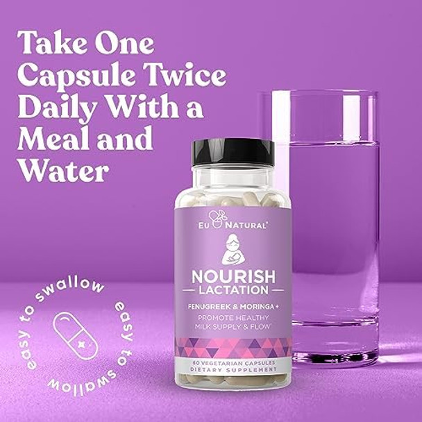 Eu Natural Nourish Lactation Supplement - Postpartum Support For Healthy Milk Flow & Production - Fenugreek Capsules For Women With Milk Thistle, Fennel Seed & Organic Moringa, 60 Vegan Soft Capsules