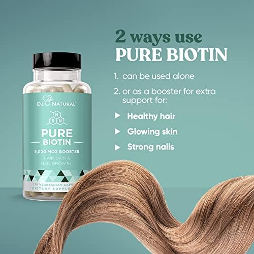 Eu Natural Biotin 5000 Mcg Hair Skin Nails Supplement – High-Potency Hair Growth Vitamins For Women & Men – Provide Powerful Support For Healthy Hair, Stronger Nails And Glowing Skin – 120 Vegan Soft Capsules