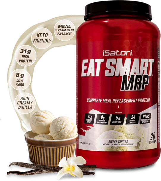 Isatori Eat Smart Mrp, High Protein Meal Replacement Shake With Whey Protein Powder, Probiotics Powder, Casein Protein, Mct Oil, Egg Albumen, Vitamins & Minerals, Keto, Vanilla Flavor, 20 Servings