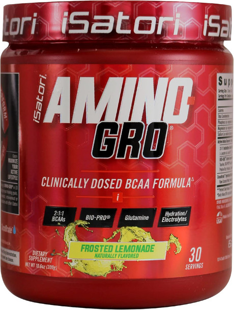 Isatori Amino-Gro Bcaa Powder, Branched Chain Amino Acids With Glutamine, Electrolyte Powder & Bio-Gro Bio-Active Peptides For Muscle Growth & Post Workout Recovery, Frosted Lemonade (30 Servings)