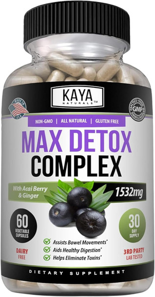 Kaya Naturals Max Detox Herbal Supplement - Natural Ingredients 1532 Mg - Psyllium Powder, Acai Berry Extract, Ginger Root 60 Count
