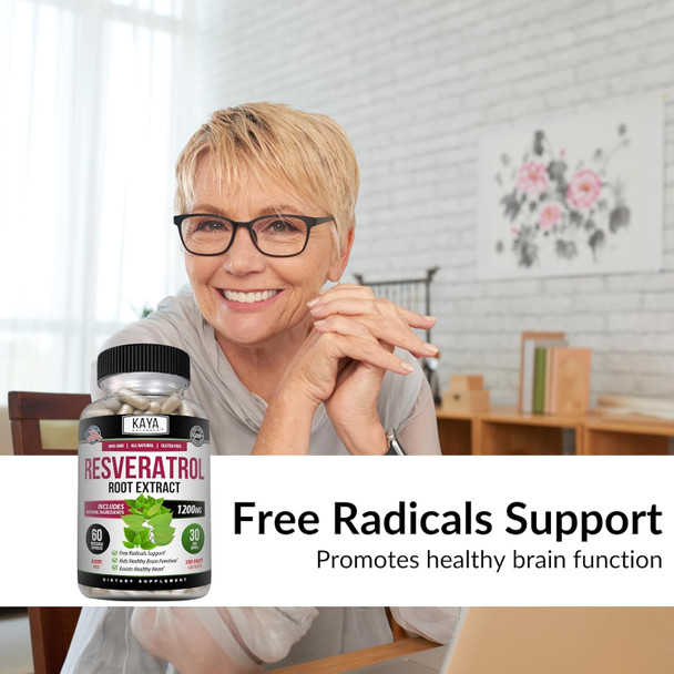 Kaya Naturals - Resveratrol Capsules - Anti Aging Supplement - Antioxidants With Brain Support - Maximum Benefits - 60 Veggies Capsules
