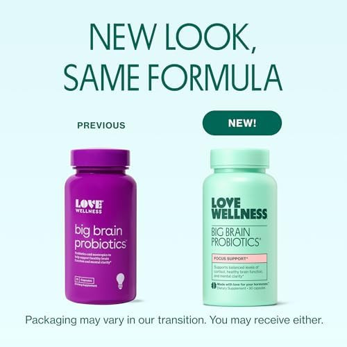Love Wellness Big Brain Probiotics  Nootropics Brain Support Supplement  Brain Supplements For Memory And Focus  Promotes Mental Clarity & Mood  Organic Reishi, Chaga, & Lions Mane  30 Count