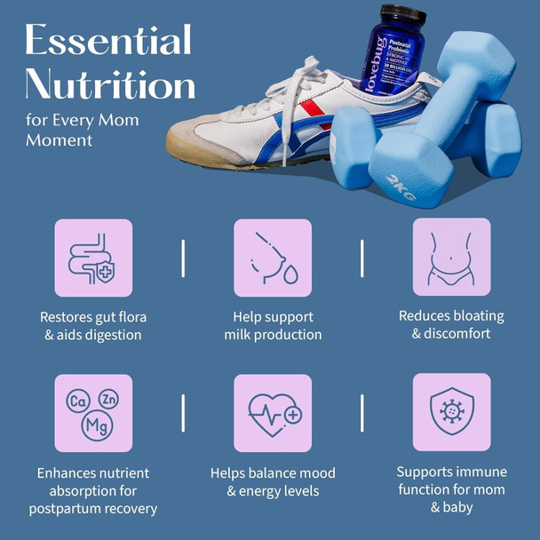 Lovebug Postnatal Probiotics - 20 Billion Cfus Multi Strain For Breastfeeding -With Fenugreek, Milk Thistle & Fennel,Supports Breast Milk & Gut Health, Postpartum Essentials, 30 Capsules
