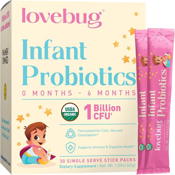 Lovebug Infant Probiotics 0-6 Months - Usda Organic Probiotics For Babies, Supports Baby Gas, Colic, Diarrhea And born Constipation Relief, Allergen & Sugar , Tasteless Powder, 60 Pack