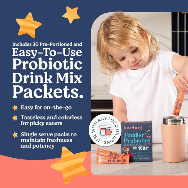 Lovebug Toddler Probiotics - Organic Probiotic For Kids, With Fiber For Constipation Relief, Dissolvable Powder, Ages 12 Months To 4 Year Olds - 60 Pack