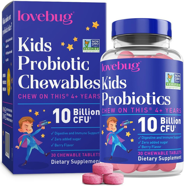 Lovebug Probiotics For Kids – Probiotic Chewables With Prebiotic Fiber For Age 4+,Daily Children'S Gut Health & Digestive Support Supplement, Sugar- Berry Flavor, 60 Count Lovebug Probiotics For Kids – Probiotic Chewables With Prebiotic Fiber For Age 4+,Daily Children'S Gut Health & Digestive Support Supplement, Sugar- Berry Flavor, 60 Count