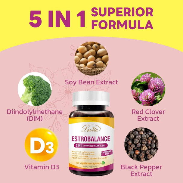 Lovita Menopause Supplements For Women, Dim Complex With Soy Isoflavones, Red Clover, Vitamin D3 & Black Pepper For Menopause & Hormone Balance Support, 120 Vegetarian Capsules