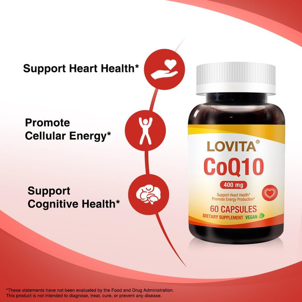 Lovita Coq10 400Mg, Easily Absorbed Coenzyme Q10 Powder As Ubiquinone, Antioxidant Support, Support Heart Health & Energy Production, 60 Vegan Capsules