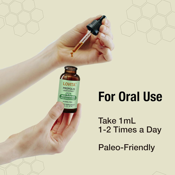 Lovita Bee Propolis Liquid Extract 500Mg, 5:1 Resin Drops With 18% Bioflavonoids, Alcohol- Antioxidant, Immune Support & Throat Soothing, Gluten-, Non-Gmo, 1 Fl Oz (30 Ml), 90 Day Supply