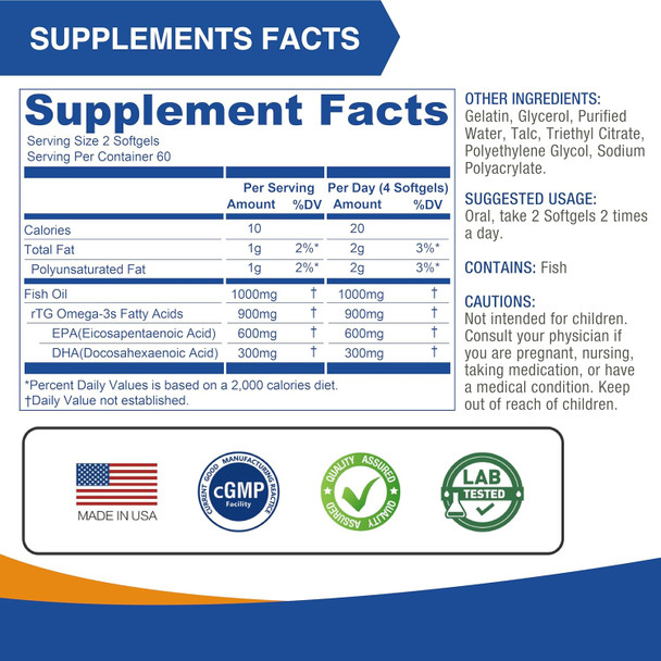 Lovita Omega-3 Fish Oil 2000Mg Supplement For Men And Women, 120 Mini Softgels, High Absorption Rtg With Epa & Dha, Burpless Enteric-Coated, Non-Gmo, Supports Heart Brain Eye Health, 30 Day Supply