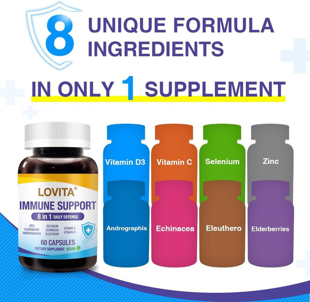 Lovita Immune Support 8 In 1 Daily Defense, Elderberry With Zinc, Vitamin C&D, Ecea, Selenium, Andrographis & Siberian Ginseng Extract, 60 Vegan Capsules