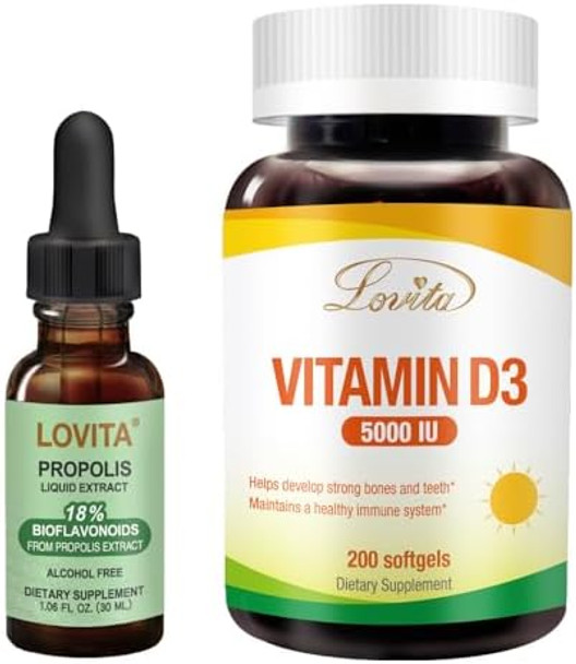 Lovita Bee Propolis Liquid Extract & Vitamin D3 Softgel Nutrient Supplement Bundle